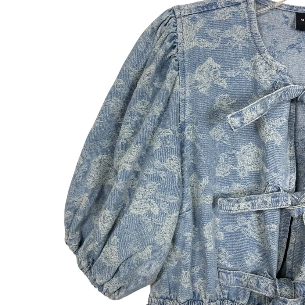 Miou Muse Denim + Roses Bow Front A-Line Mini Dress Puff Sleeves Blue Size S - Picture 5 of 13